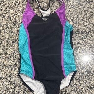 Speedo Black and Teal Girl’s Swimsuit with Purple Accents